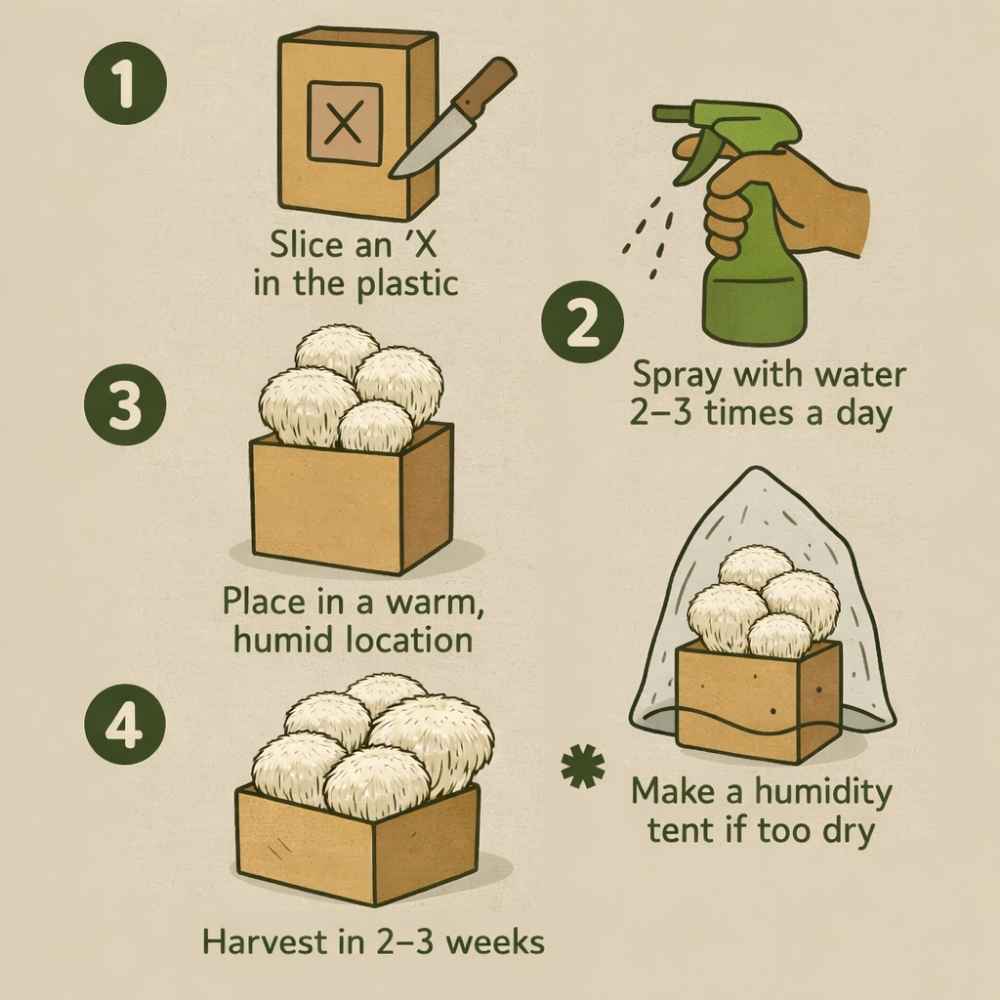 Guide for growing lions mane mushrooms with spray and grow kit. 1 Slice X in plastic 2 Spray with water 3 Harvest in 2 weeks