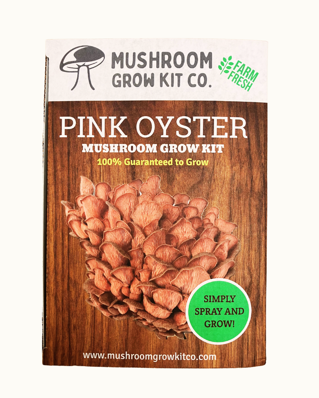 At home pink oyster mushroom growing kit from Mushroom Grow Kit Co. (front of box)