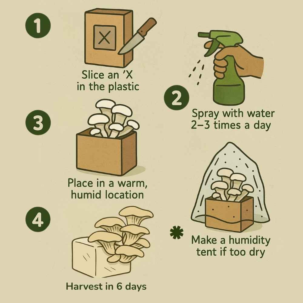 Step-by-step guide for growing mushrooms with spray and grow kit. 1 Slice X in plastic 2 Spray with water 3 Harvest in 6 days