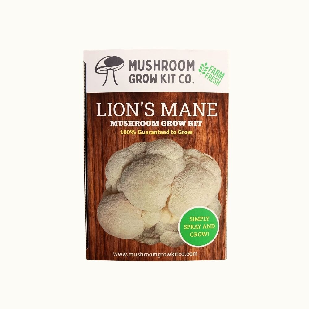 Mushroom grow kit packaging for Lion's Mane mushrooms on a white background. Simply spray and grow. Guaranteed to grow.
