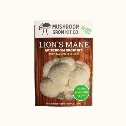 Mushroom grow kit packaging for Lion's Mane mushrooms on a white background. Simply spray and grow. Guaranteed to grow.
