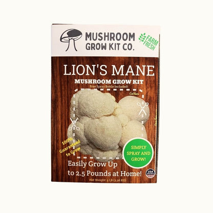 Lion's mane mushroom grow kit packaging from Mushroom Grow Kit Co. front of box. Grow up to three pounds of fresh mushrooms.