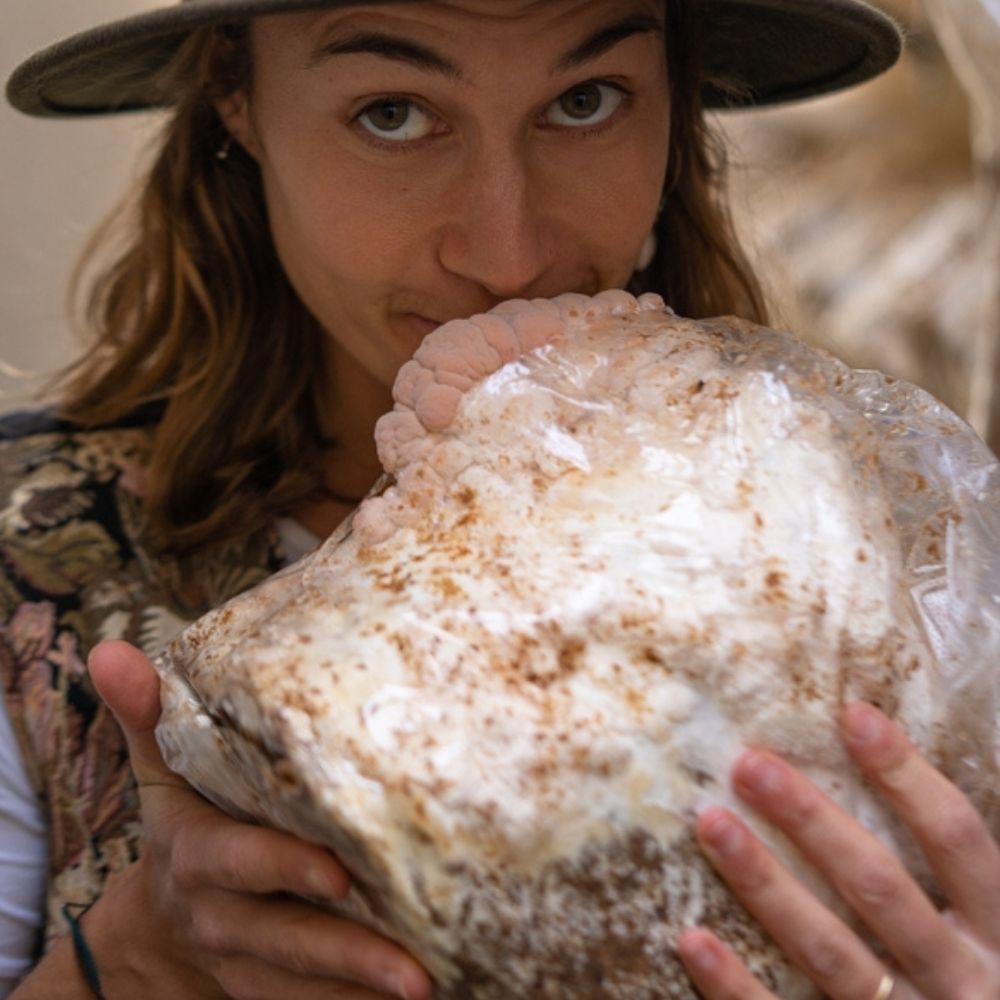 Happy woman smelling lion's mane mushroom growing kit fruiting block in her hands. Lion's mane mushrooms are starting to pin.